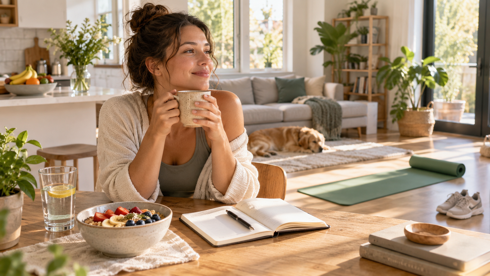 Woman enjoying a calm weekend morning at home with a healthy breakfast, water, a notebook, yoga mat, and walking shoes, representing rest, movement, meal planning, and gentle preparation for the week ahead.