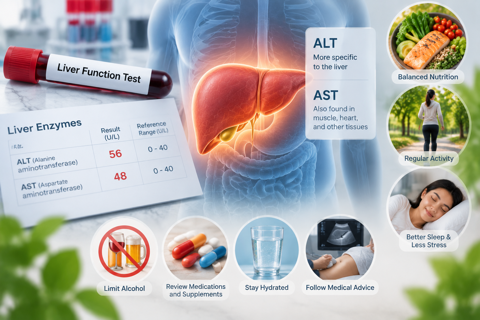 Illustration of liver enzyme testing featuring an anatomical liver, laboratory blood sample, ALT and AST results, and healthy lifestyle habits related to nutrition, physical activity, hydration, and overall liver care.
