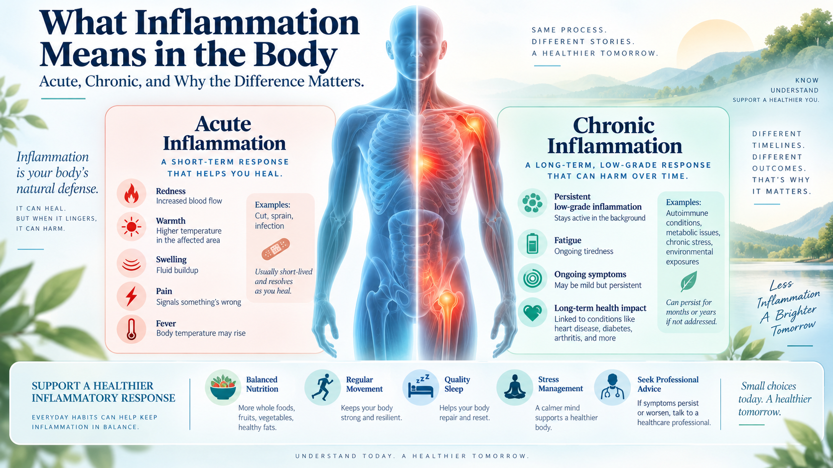 Medical infographic comparing acute and chronic inflammation in the human body, including common signs, long-term effects, and healthy lifestyle habits.