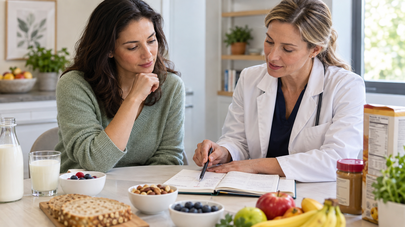 Healthcare professional discussing possible food allergy and intolerance triggers with a patient, with common foods on the table in a calm clinical consultation setting.