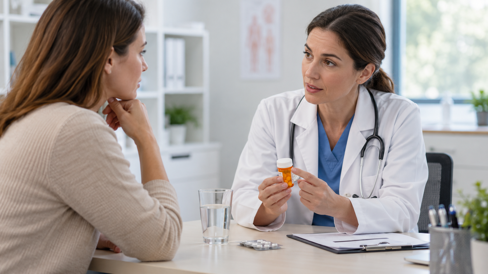 Doctor explaining an antibiotic prescription to a patient during a medical consultation, with medication and water on the desk.