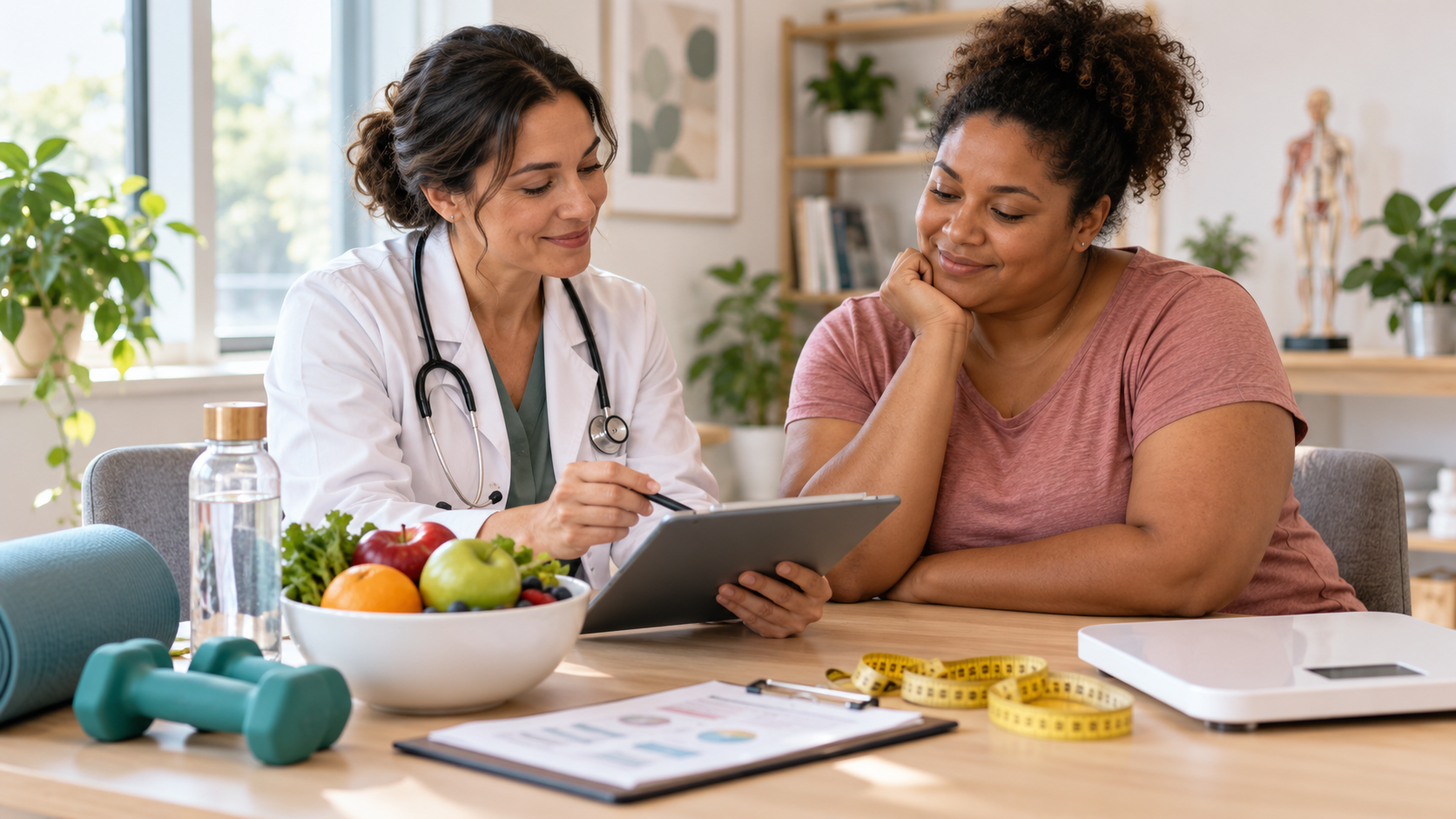 Healthcare professional discussing weight, body measurements, nutrition, and fitness with a patient, with a scale, measuring tape, healthy foods, and exercise equipment nearby.