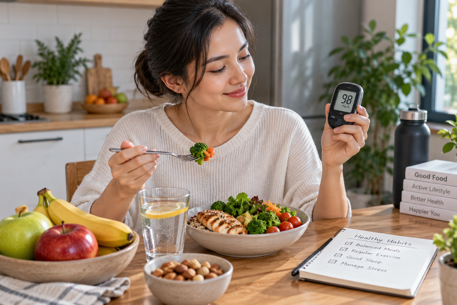 Woman checking her blood glucose with a digital meter while eating a balanced meal with vegetables, fruit, nuts, and water at home.