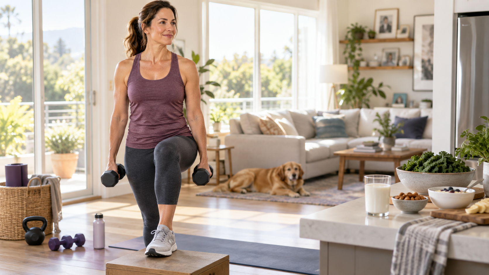 Woman performing a strength exercise at home with dumbbells and a step platform, with calcium-rich foods nearby, representing habits that support bone strength across adulthood.