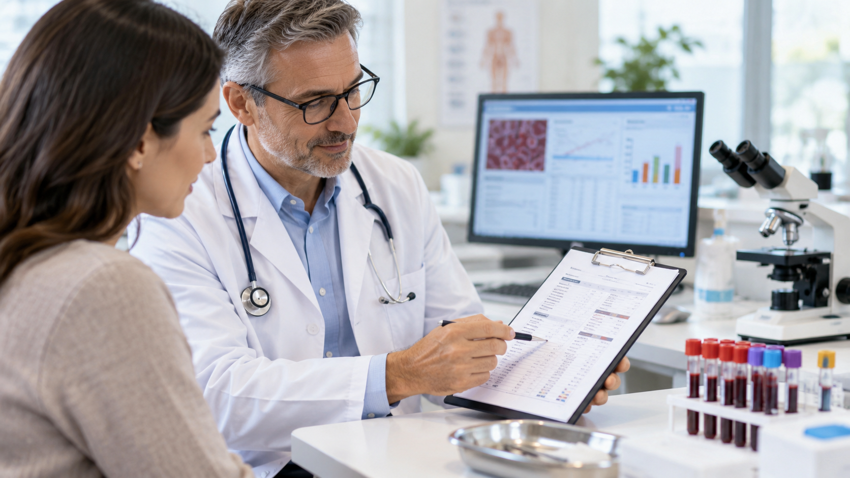 Doctor reviewing blood test results with a patient in a clinical setting, with blood samples, laboratory equipment, and medical data visible nearby.