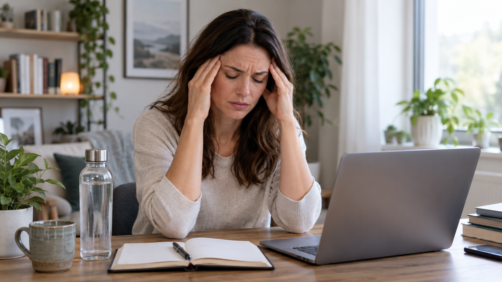 Woman holding her temples while experiencing a headache at a home desk, with a laptop, water bottle, and notebook nearby.