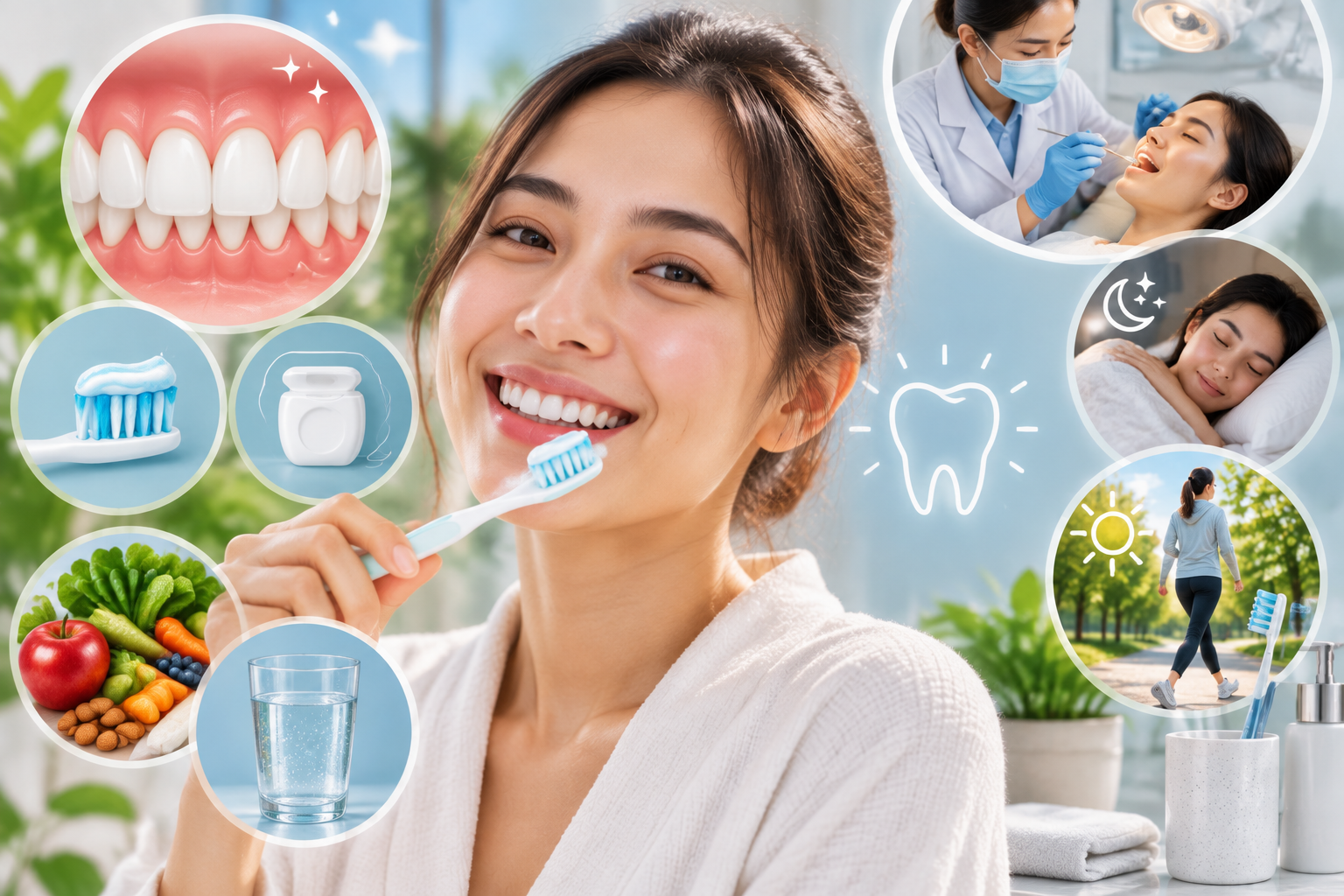 Lifestyle illustration showing oral health routines with a person brushing teeth, dental examination, oral hygiene tools, nutritious food, water, sleep, and physical activity to represent healthy mouth care habits.