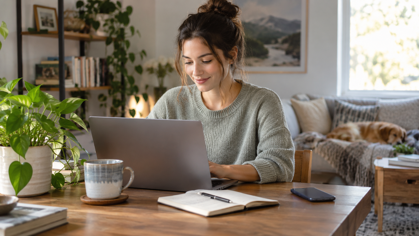 Woman working on a laptop at home with her smartphone placed aside, representing intentional technology use, healthier screen habits, and better digital balance.