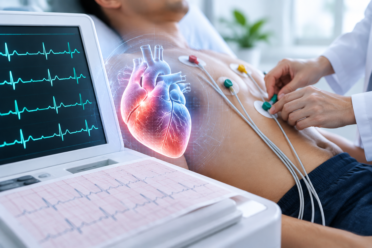 Medical illustration of an ECG examination showing a patient with electrodes on the chest, an electrocardiogram waveform monitor, and a glowing heart visualization to represent heart electrical activity.