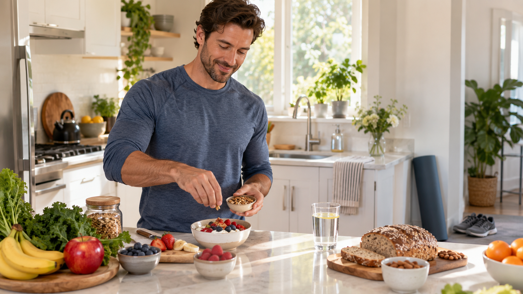 Man preparing a nutrient-rich breakfast with fruit, whole grains, nuts, greens, and water in a bright kitchen to support healthy everyday immune habits.