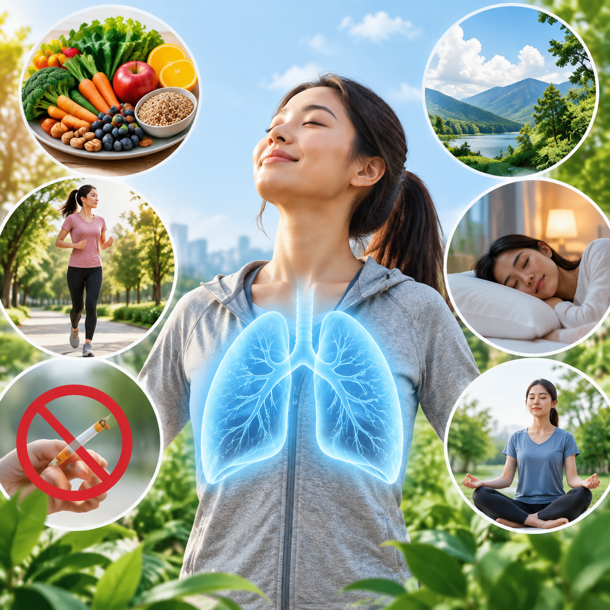 Illustration of daily lung health habits showing a person breathing deeply with healthy lungs, surrounded by lifestyle activities such as exercise, balanced nutrition, fresh air, sleep, and stress management.