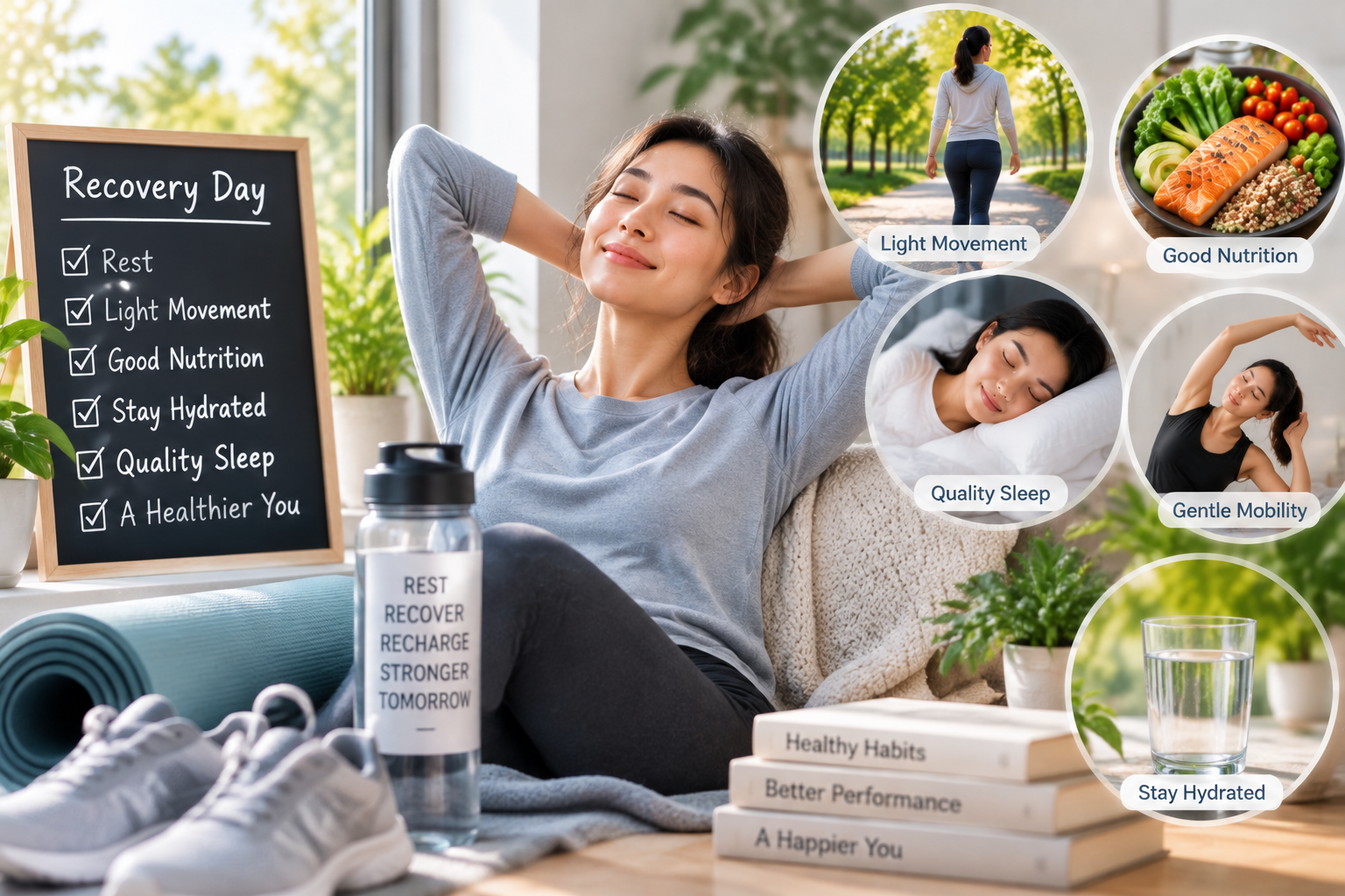 Lifestyle illustration showing an exercise recovery day with a person resting, fitness equipment, walking, stretching, healthy food, water, and sleep habits to represent balanced recovery and sustainable fitness routines.