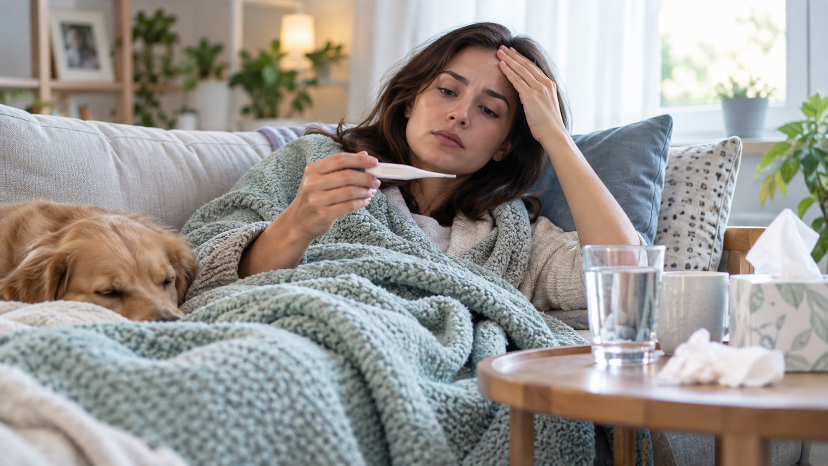 Woman resting on a sofa while checking her body temperature with a digital thermometer, with water and tissues nearby during a fever.