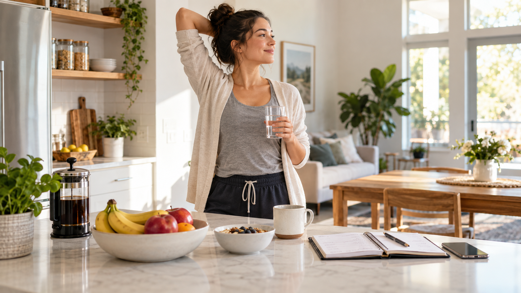 Woman combining simple healthy habits during her morning routine at home, including drinking water, stretching, preparing breakfast, and planning her day.
