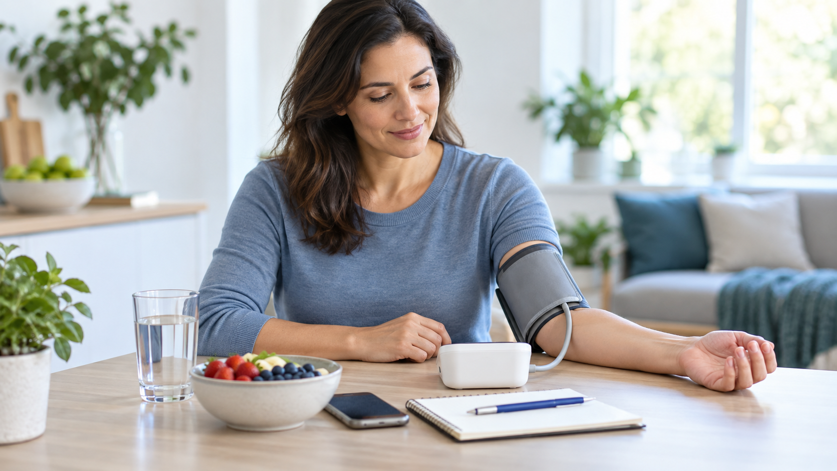 Woman checking her blood pressure at home with a digital monitor, a glass of water, fruit, and a notebook on the table.