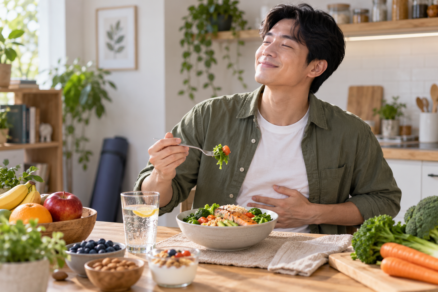 Man enjoying a balanced meal with vegetables, salmon, fruit, yogurt, nuts, and water while supporting comfortable digestion at home.