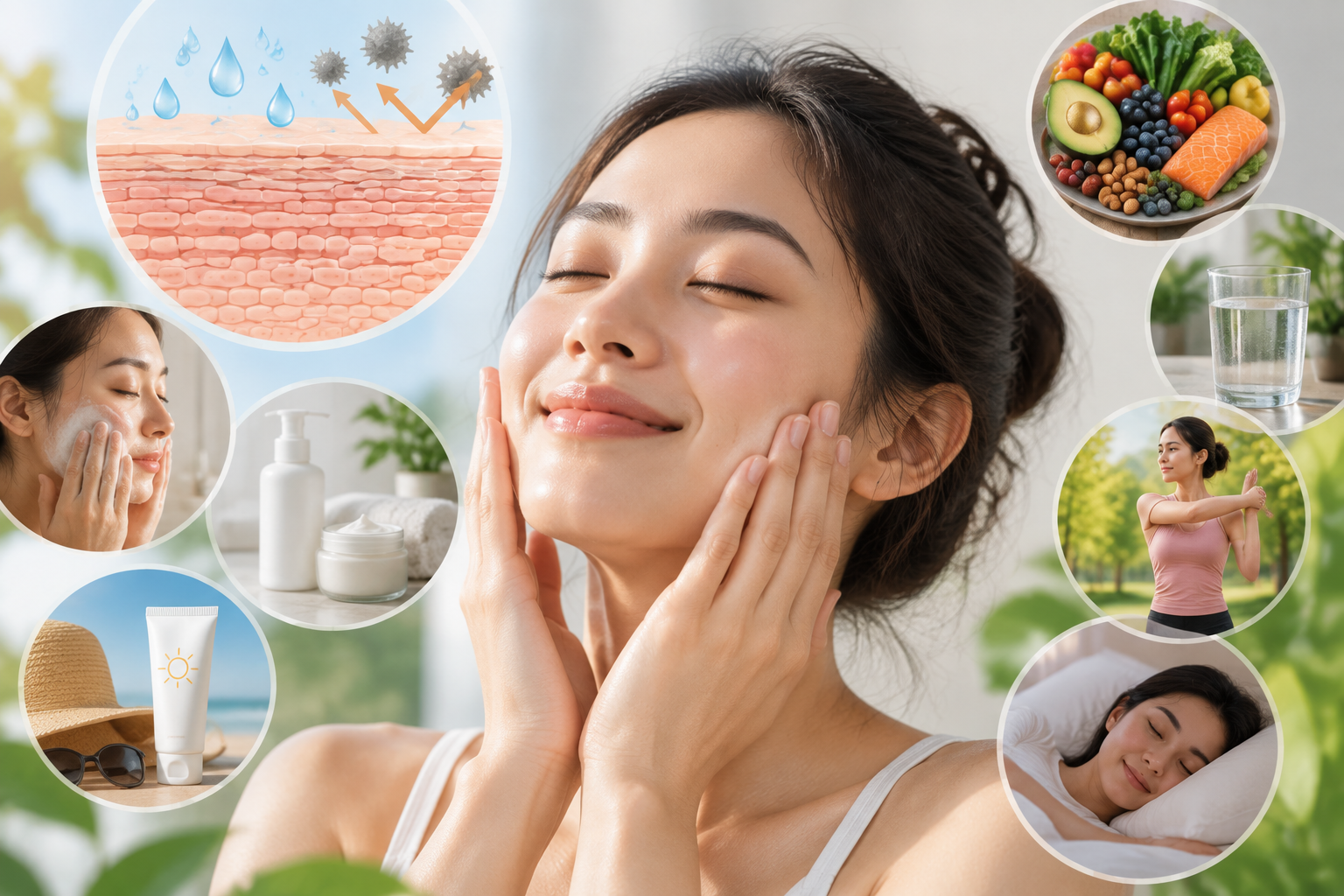 Illustration of daily skin barrier care showing a person with healthy skin surrounded by skincare products, hydration, nutritious food, sun protection, exercise, and sleep habits that support skin comfort and protection.