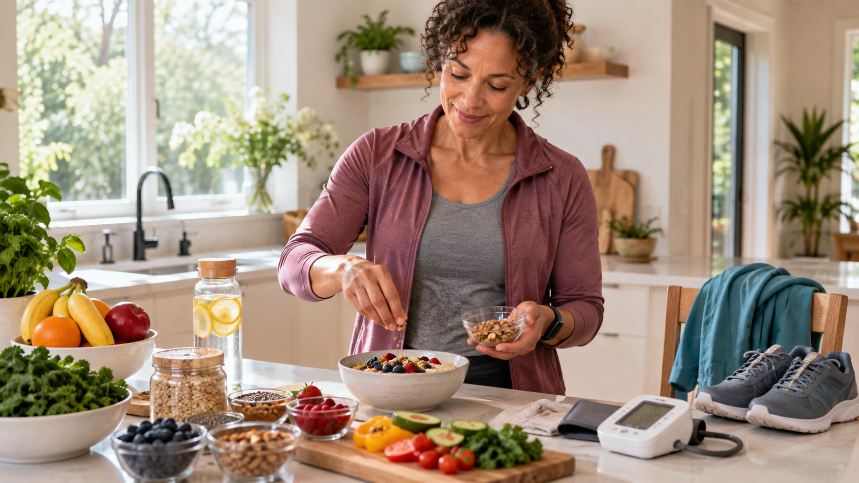Woman preparing a heart-healthy meal with fruit, vegetables, whole grains, nuts, and water in a bright kitchen, with walking shoes and a blood pressure monitor nearby.