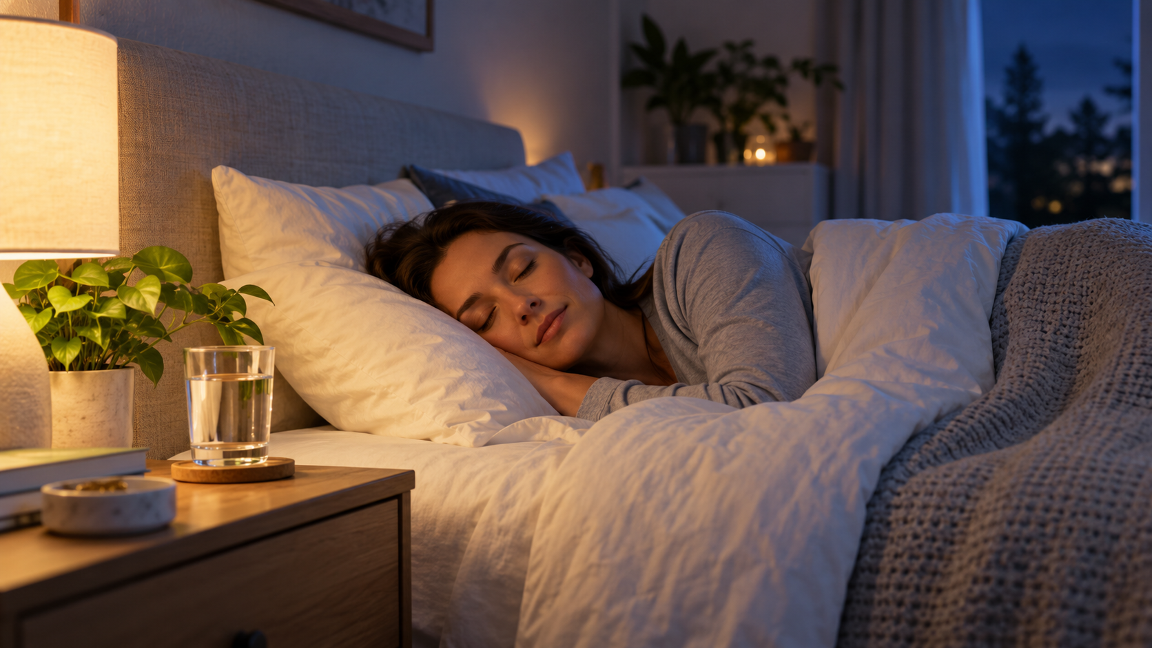 Woman sleeping peacefully in a calm bedroom at night, representing how quality sleep supports physical recovery, immune function, metabolism, and overall health.