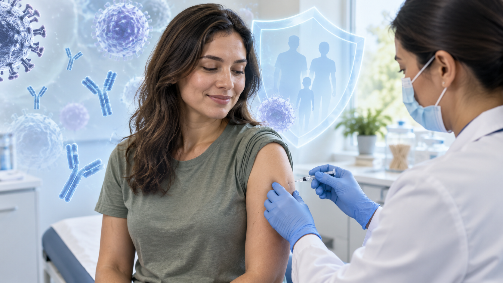 Healthcare professional giving a vaccine to a woman in a clinic, with immune system and antibody illustrations representing immune memory and protection.