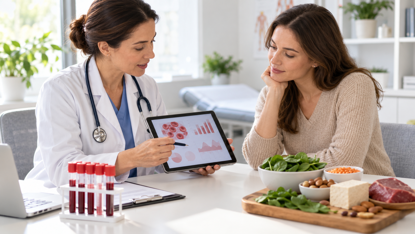 Doctor discussing blood test results with a woman, with blood samples and iron-rich foods such as spinach, lentils, tofu, nuts, and meat nearby.