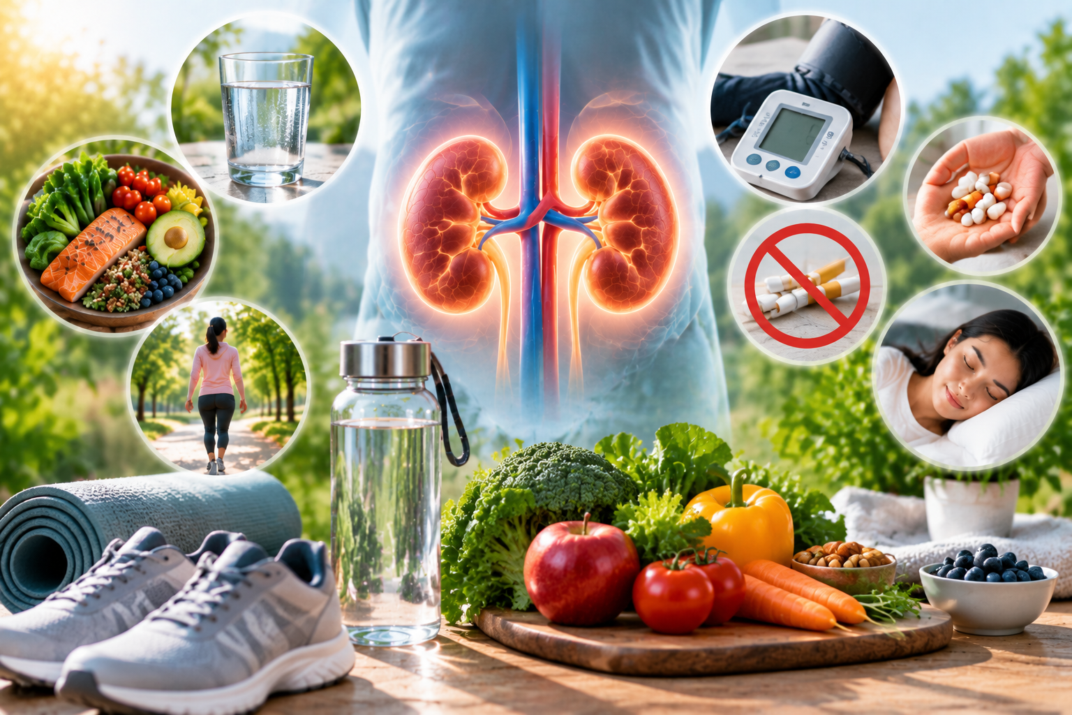 Lifestyle illustration featuring kidney health support with anatomical kidneys, hydration, balanced nutrition, exercise, blood pressure control, sleep, and healthy daily habits for overall wellness.