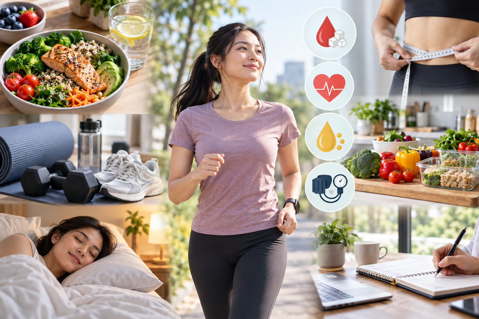 Woman jogging outdoors surrounded by healthy meals, exercise equipment, restful sleep, meal preparation, body measurements, and health monitoring symbols, representing daily habits that support metabolic health and energy.