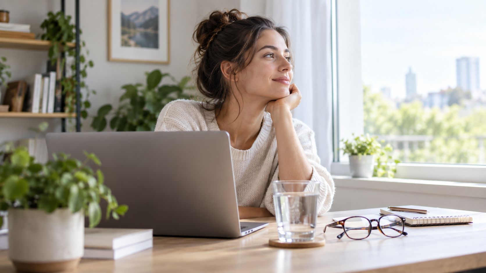Woman taking a break from laptop work by looking out a window, with eyeglasses, water, and a notebook nearby, representing healthy screen habits and everyday eye comfort.