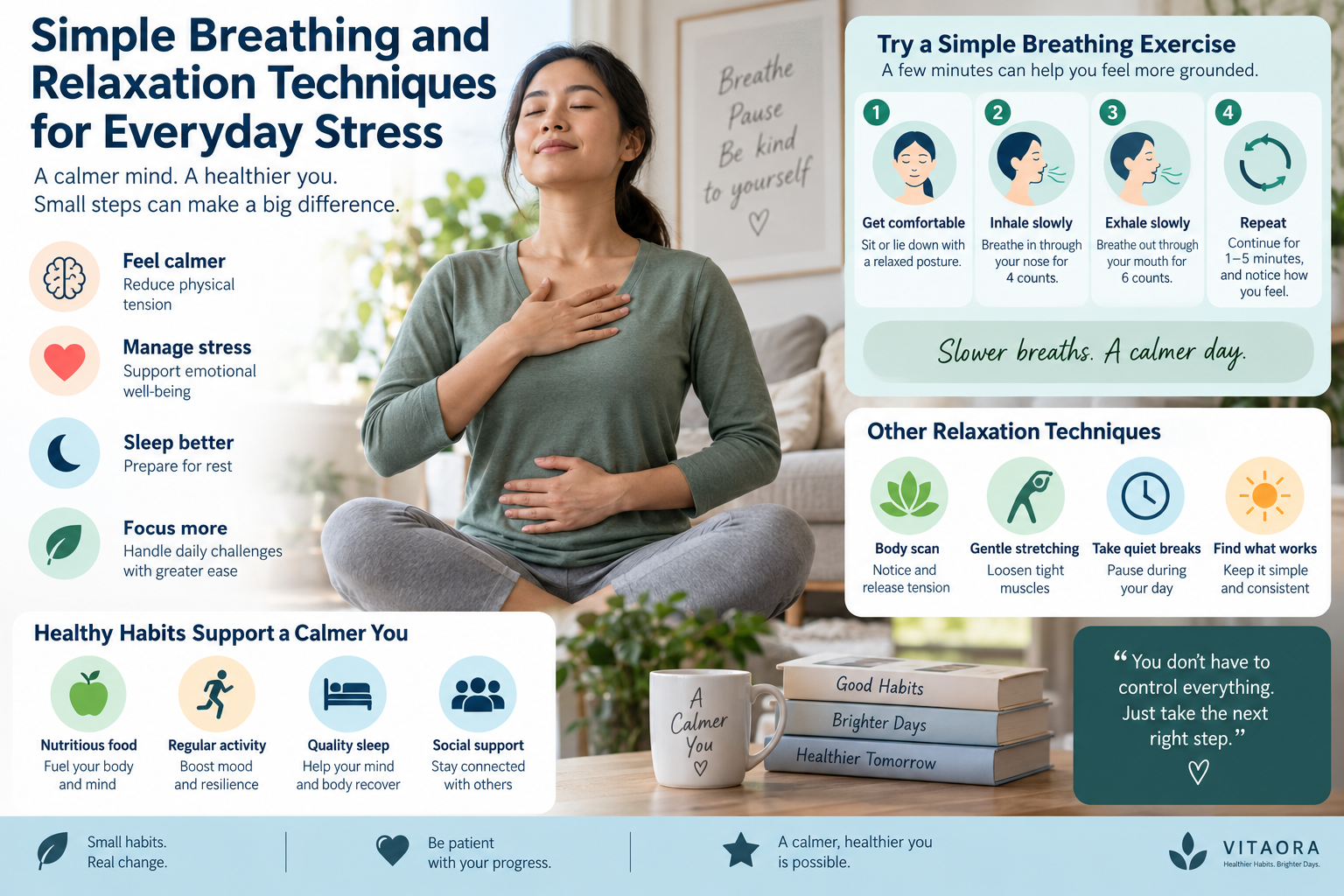 Woman practicing slow breathing and relaxation at home, with simple visual guidance for breathing, stretching, quiet breaks, sleep, movement, and social support to help manage everyday stress.