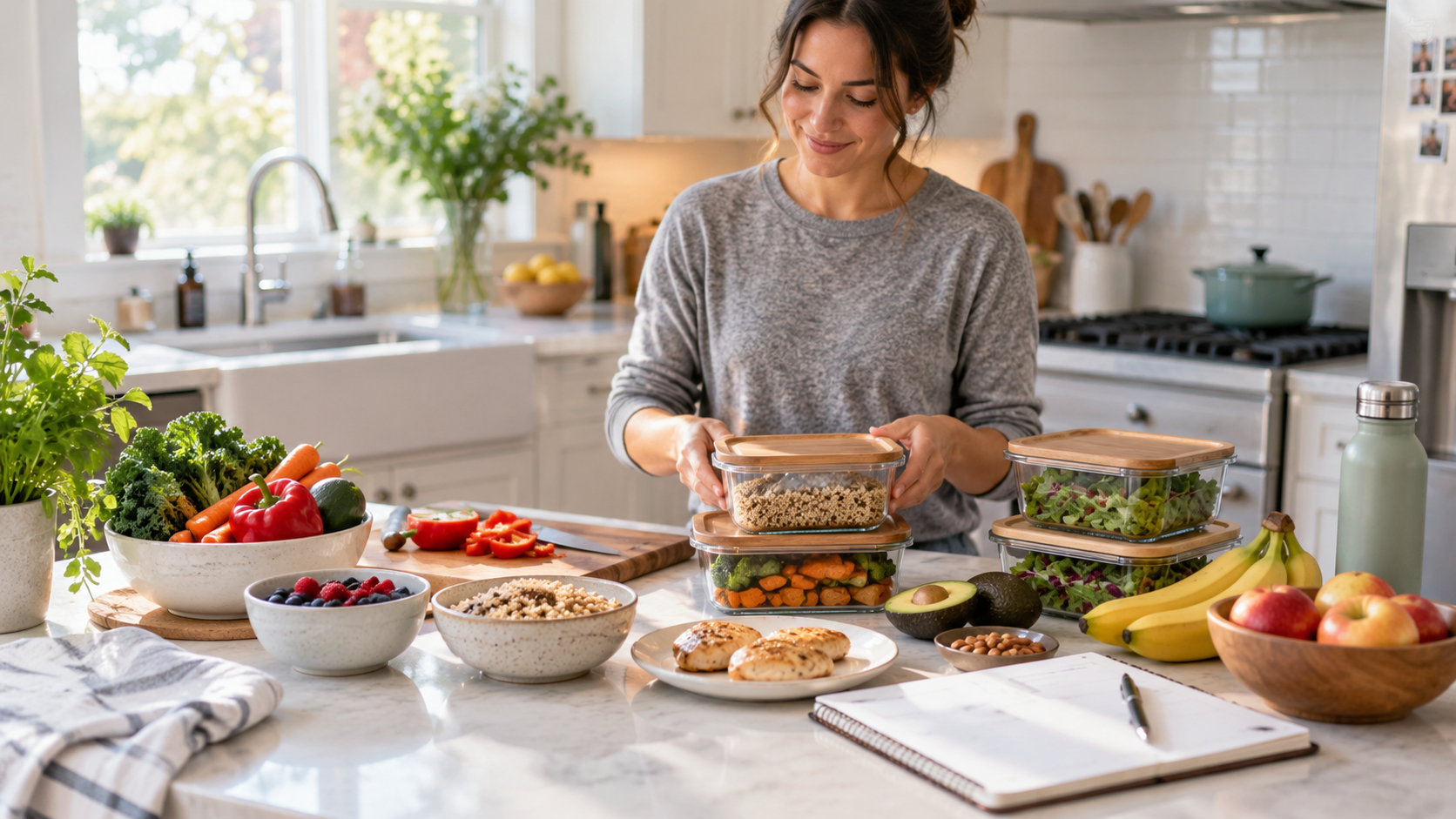 Woman preparing flexible healthy meals in a bright kitchen with vegetables, fruit, grains, protein foods, meal containers, and a notebook for simple weekly planning.