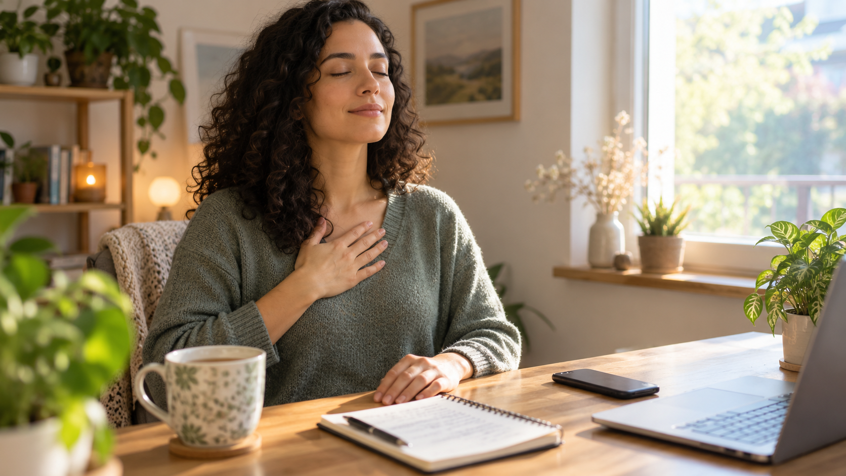 Woman practicing a calming breathing exercise at home beside a notebook and laptop, representing simple daily stress management and mindful recovery.