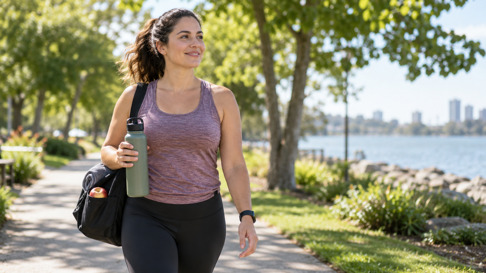 Woman walking outdoors with a water bottle and gym bag in a sunny waterfront park, representing sustainable weight management through regular activity and healthy daily habits.