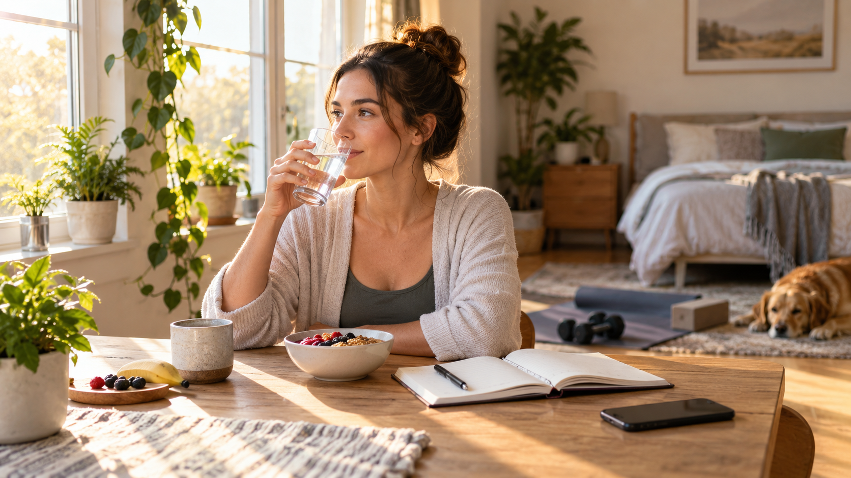 Woman starting her morning with water, a healthy breakfast, a notebook, and light exercise equipment in a calm sunlit home.