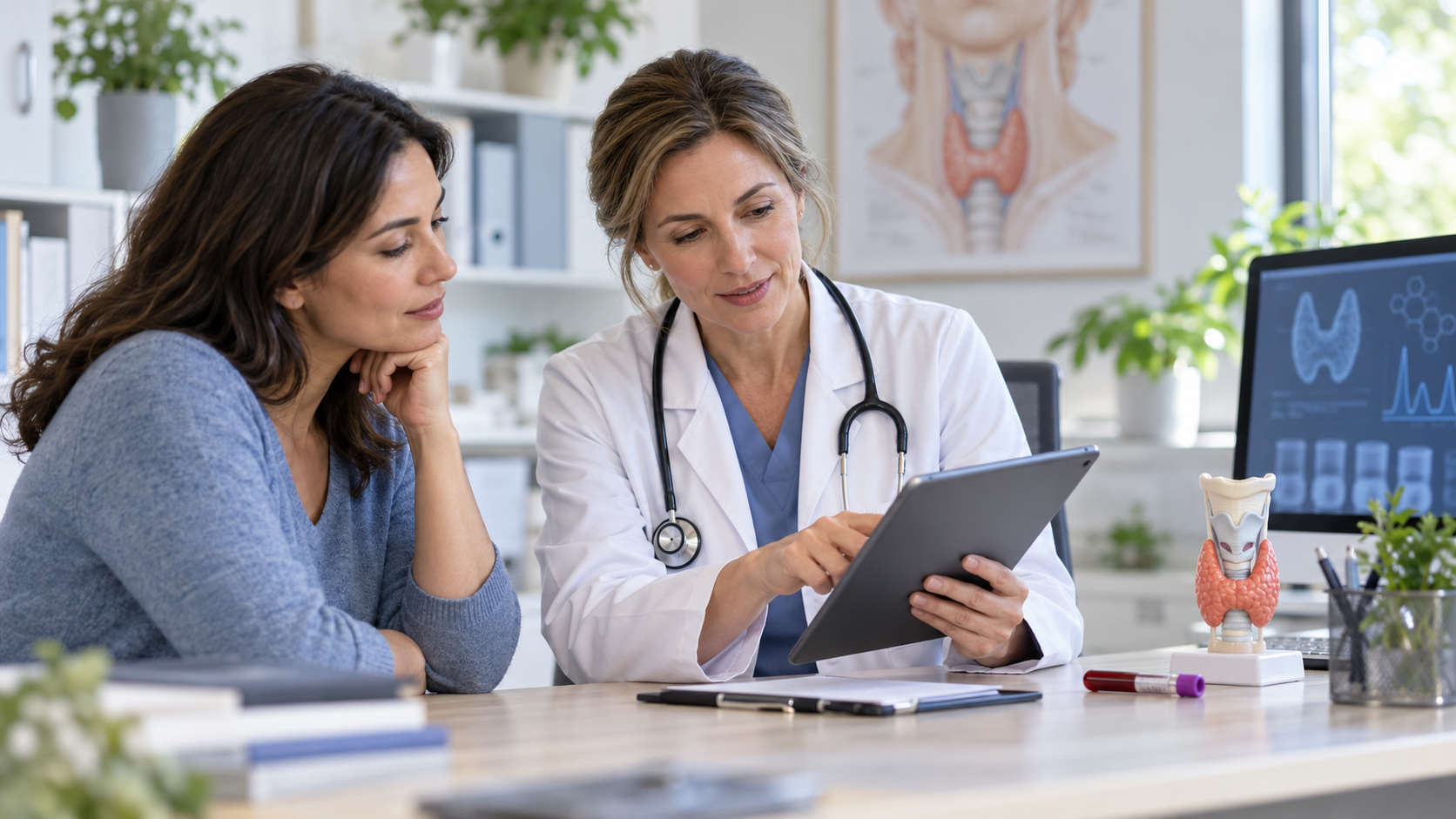 Doctor reviewing thyroid test results with a patient in a clinical office, with a thyroid model and medical imaging visible nearby.