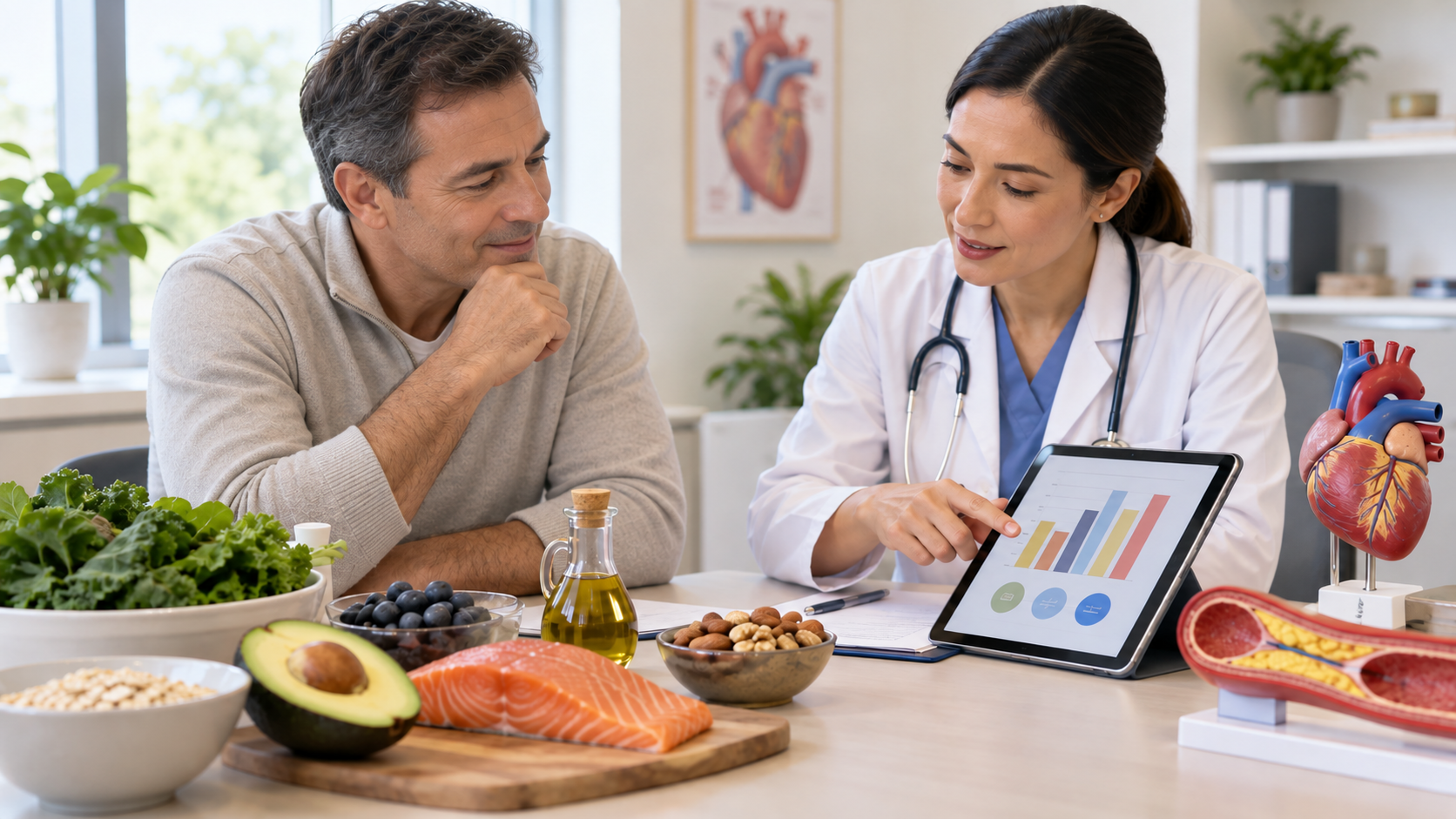 Doctor discussing cholesterol and heart health with a middle-aged man, alongside healthy foods, a heart model, and a blood vessel model.