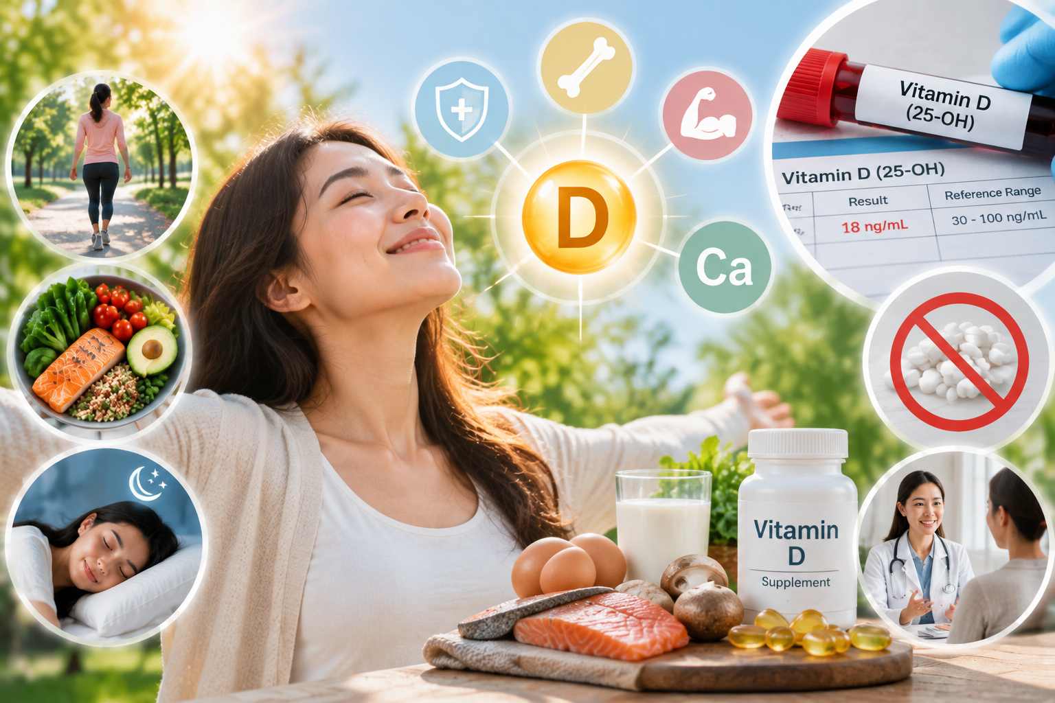 Illustration of vitamin D testing and healthy habits featuring a blood test report, sunlight, vitamin D-rich foods, supplements, physical activity, sleep, and professional health guidance.