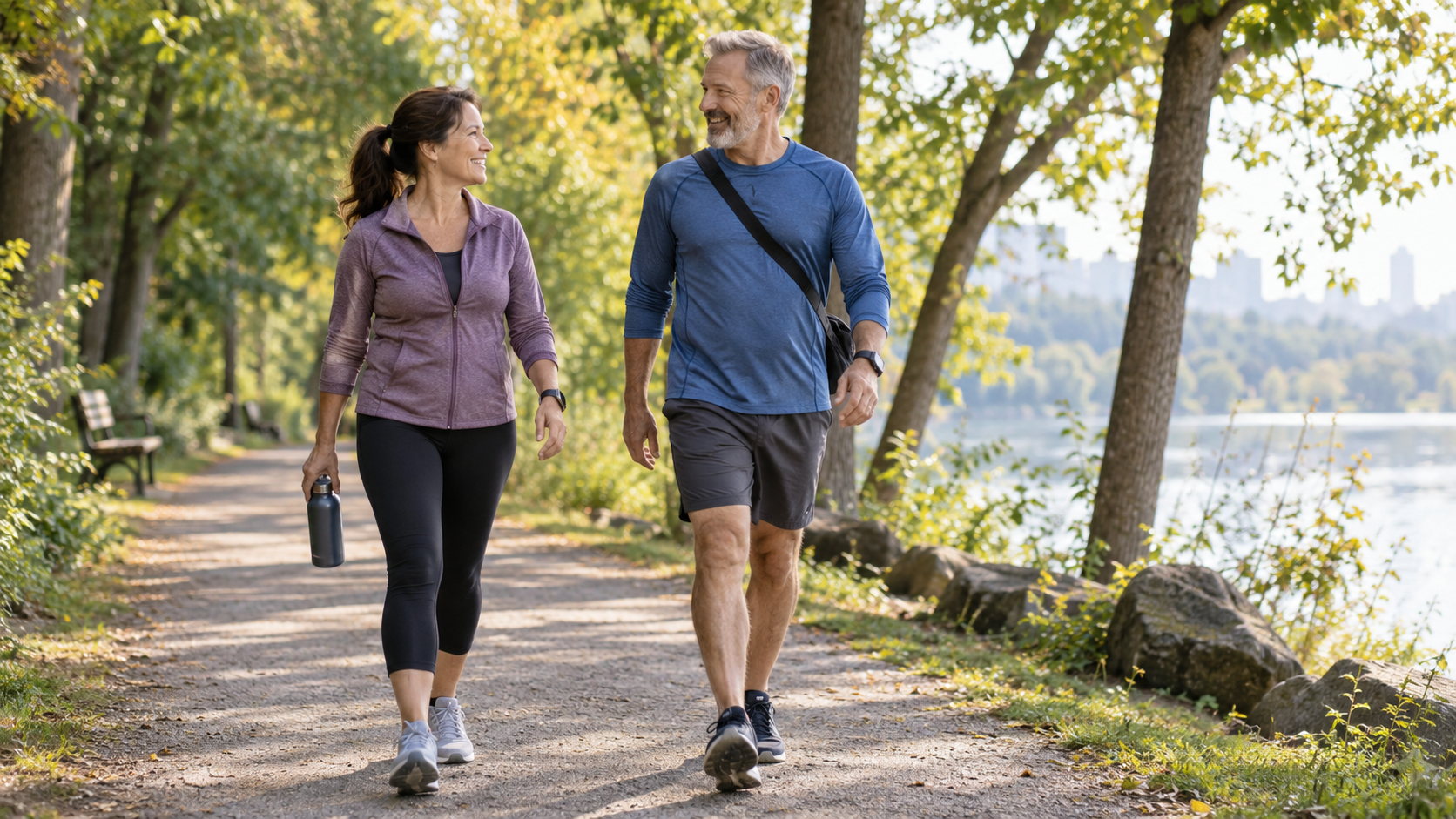 Middle-aged couple walking together on a sunny lakeside trail, showing a simple and sustainable way to support fitness, mobility, and overall health.