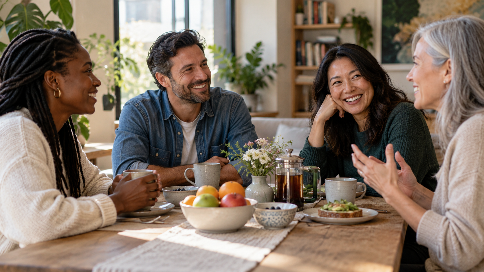 A diverse group of adults sharing conversation, tea, and food around a table at home, representing meaningful social connection, support, and emotional well-being.